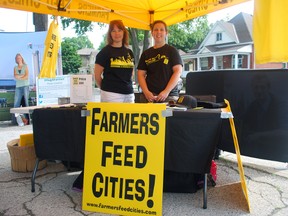 Elgin County's FreshFest weekend featured a Farmers Feed Cities booth at the Horton Farmers' Market. Staffing the booth were Marilyn Crewe, left, and Beth Storey.