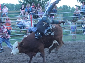 Sheena Read Editor
Carter Sandberg needed a bit of assistance after getting hung up during the steer riding competition.