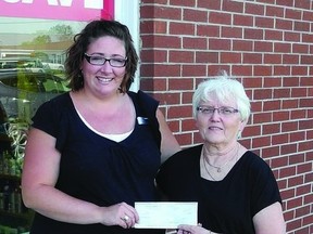 Ashley Hurst (left) of Pharmasave presents Getchen Huntley of the Get Well Gang with a cheque for $260. The money was raised at a charity barbecue by Pharmasave. Huntley will use the money to ship hats to cancer patients.          (WAYNE LOWRIE - GANANOQUE REPORTER)