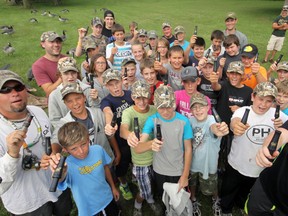Participants at the Long Point Waterfowl Youth Hunting and Conservation Course show off their new GK goose calls Monday afternoon near Turkey Point. Jeff Tribe/Tillsonburg News