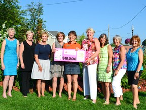 Pictured is the Pretty in Pink committee presenting the $10,000 cheque donation to Erin Zorzi, chair of the SMHF. From left to right is Judy Trotman, Janet Smith, Heather Conlin, Cheryl Heizer, Erin Zori, Sylvia Sheard, Joanne McDonald, Joanne Wheeler and Angela Hupalo.