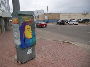 This work of art, titled "Wind" located at the corner of 99 Ave. and 102 St. is an example of the City of Grande Prairie's Environmental Stewardship department's utility cabinet wrapping program. After going through a series of applicants, six more works of art were chosen to be wrapped around cabinets throughout the city. (Kirsten Goruk/Daily Herald-Tribune)
