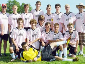 The Quinte West Hillcrest Animal Hospital U16 Wolverines boys team will hold their annual barbecue this Saturday at Hillcrest in support of the Canadian Breast Cancer Foundation. Team members, are, back row from the left: coach Ed Petrusma, coach/sponsor Mike Steen, Jeremy Petrusma, Andrew Raycroft, Keegan Rodd, Julian Mageau-Smolders, Austin Jordan, Logan Thurston and coach Mark Thurston; Middle row: Philippe Gagnon, Jakob Larry, soccer mom Evelyn Jordan, Mason Steen, Kurt Barnstorf and Mitchell Genereaux; Front row: Jacob Lee. Missing from photo is Andrew Whiteman and Patrick Dal.