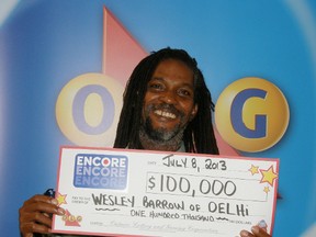 Wesley Barrow of Delhi won $100,000 in a recent Ontario Lottery Corporation Encore draw. (OLG PHOTO)