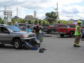 One person was taken to Timmins and District Hospital during the noon hour when a mobility scooter and a small SUV crashed near the Tims parking lot on Algonquin East.