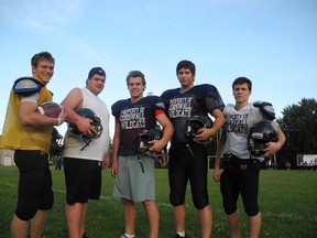 From left are Austin MacKay, Bradley Trepanier, Thomas McRae, Andrew Pidgeon and Julian Forrester. All are in their last year of OVFL eligibility. They hope to prolong their OVFL career with a win at home on Saturday, in the Cornwall Wildcats’ first-ever playoff game, against the Metro Toronto Wildcats.
Kevin Gould staff photo