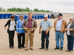 From left: County of Minburn Administrative Executive Trudy Shukalak, Deputy Mayor Village of Mannville Margaret Hatch, MP Vegreville-Wainwright Leon Benoit, County of Minburn Councillor and Chairman of the Joint Landfill/Transfer Committee Richard Wagner, Village of Minburn Mayor Tom Rafuse and County of Minburn Administrative Support Bernice Bzdel.