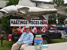 The partially complete 12-foot stainless steel sculpture of the Hastings Pisces Park pickerel was on display Canada Day in Hastings. With the sculpture is Hastings Pisces Park project committee secretary Doug Sims who was on hand to take the fundraising campaign to a new level. Donations to the park project can be made at the RBC in Hastings.