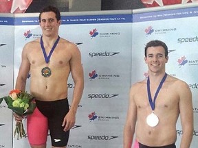 David Hibberd, left, and brother Steven both made the podium in the 50m freestyle ‘A’ event of the Summer National Championships last weekend.