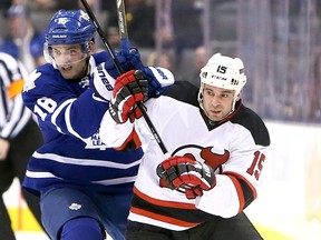 Timmins native Steve Sullivan, right, does battle with Clarke MacArthur, of the Toronto Maple Leafs, during an NHL game at the Air Canada Centre in Toronto April 15, 2013. After signing with Phoenix in the off season, Sullivan finished the year with the New Jersey Devils. He remains an unrestricted free agent this summer and may be eying retirement.