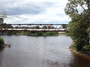 Emergency repairs are being undertaken to the city water distribution plant along the Mattagami River after one of the three main lines – seen here – failed and was shut down. The public works department is proposing to remove and replace this line with one that would goes into the river bed instead of being elevated along a bridge-like structure.