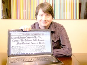 Christopher Laursen, a Hamilton-based historian, displays an article from the Lethbridge Herald circa 1930, which details the fire that consumed the original Baldoon house, 100 years after the central events surrounding the Wallaceburg legend known as the Baldoon Mystery. Laursen will be visiting Wallaceburg in early September for research into the local paranormal phenomenon. SUBMITTED PHOTO