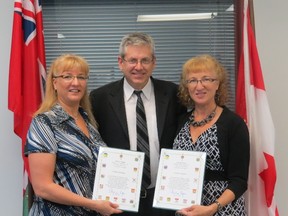 Timmins-James Bay MP Charlie Angus presented Denise Didone (left) and Louise Seguin (right) with a certificate of recognition for their swift actions on May 11. The women scared off a 400-pound black bear that was attacking Joe Azougar and drove him to the hospital, which saved his life.