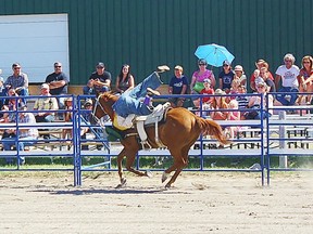Rusty the ‘Rodeo Clown’  amazed the audience of all ages as he showed off a few tricks he had up his sleeve while riding a horse upside down. 
Photo by Amanda Johnson/ For the Mid-north Monitor