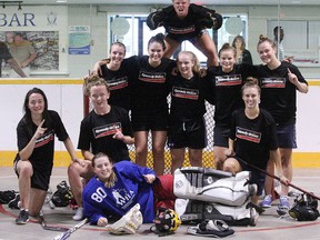 Speedy Glass captured the 2013 North Bay Ladies' Ball Hockey League title Wednesday with a 2-1 Game 3 victory in the best-of-three series with Greco's/Get R Done. The team includes Tonisha Maisonneuve, Courtney Geisler, Allison Rich, Janica Vossos, Corie Jacobson, Kaomi Barnhardt, Julie Vaillancourt, Aila Udeschini, Jade Gauthier and Sami Sherry. JORDAN ERCIT/The Nugget