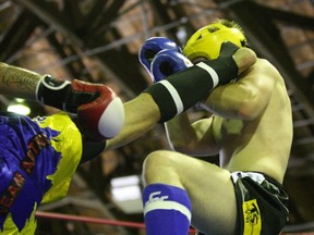 Team Action kickboxer Justin Condie lands a kick on Team Shredder's Jessie Cronier during the 2012 Quest for the Voyageur Title at Mike Rodden Arena in Mattawa. Condie is back in action this weekend and will fight in the co-main event against Sudbury's Kyle Fletcher. NUGGET FILE PHOTO
