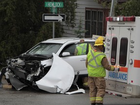 Timmins Police service is investigating a two-vehicle crash that occurred Thursday at Eighth Avenue and Hemlock Street.   Timmins Times LOCAL NEWS photo by Len Gillis.