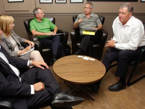 Minister of state Gary Goodyear, second from right, and Prince Edward-Hastings MP Daryl Kramp, right, meet with local dignitaries at Kramp's office in Belleville Wednesday. From left are Quinte Economic Development Commission executive director Chris King, Belleville economic development manager Karen Poste and Hastings County chief administrative officer Jim Pine.