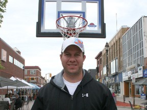 Adam Presseault, was in Urban Park Thursday to promote the fifth-annual 3-on-3 Blacktop Basketball Tournament being held in Downtown Timmins this Saturday. A block of Third Avenue will be closed off to motorized traffic to accommodate the street basketball tournament.