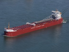 Self-unloading bulk-carrier Whitefish Bay, newest of the company’s ‘Trillium’ class, arrives in Montreal from China in this recent photo, provided by CSL.