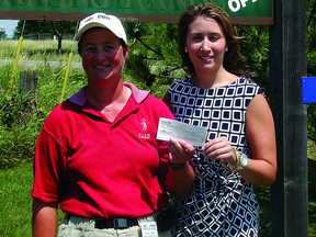 Donna Dunbar (left) presents Heather Caird, vice-president of the Gananoque and District Humane Society, with a cheque for $260