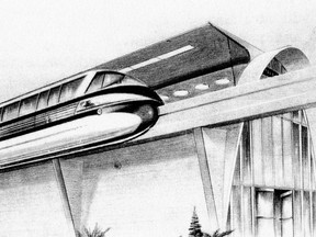 In 1958, while Avro Canada was developing the exciting new Avro Arrow for the RCAF, the company released this sketch of a monorail system that it proposed to connect the city’s downtown with Malton (now Toronto Pearson) Airport.