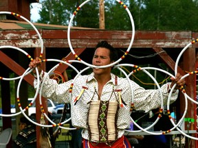 Ricky Penner performs a ceremonial hoop dance during the Dalles First Nation powwow on Saturday, July 27. The powwow began on Friday and will run until the final Grand Entry at 7:00 pm on Sunday, July 28.
GRACE PROTOPAPAS/KENORA DAILY MINER AND NEWS