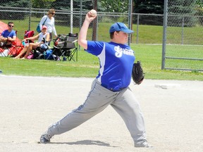Owen Geysens of the Simcoe Peewee Giants pitches against the Tillsonburg Otters in the final game of the Simcoe minor ball tournament at Lions Park on Sunday. Simcoe lost the game 9-1. (Daniel R. Pearce SIMCOE REFORMER)