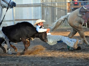 Regan Morris, of Regina, had some hang time while wrestling this steer to the ground in 6.2 seconds. (CLARISE KLASSEN/PORTAGE DAILY GRAPHIC/QMI AGENCY)