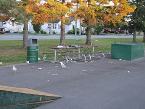 This photograph shows some of the garbage left behind at the temporary skate park at Lee Park. The skate park has been removed for the duration of the Summer in the Park Festival and it may not return.