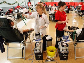 Intelligencer file photo
Nurses with Canadian Blood Services Jenna, left, and Jennifer (who both didn't want their last name published) supervise blood donations at a mobile clinic held at Fish & Game Club in Belleville in 2011.