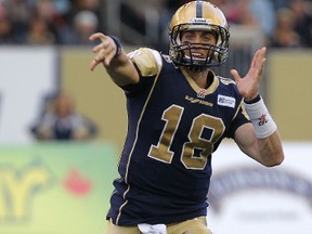 Bombers QB Justin Goltz tosses a throw during last Friday night's blowout loss to Calgary. To say fans are frustrated with the team would be a bit of an understatement. (KEVIN KING/WINNIPEG SUN PHOTO)