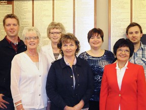 Friends and family of Troy Drysdale (left to right) Mitch Bombier, Judy Bombier, Joyce Drysdale, Cindy Drysdale, Jodie Johnson, Sherry Drysdale and Jason Petrone, were proud to present a $144,058 cheque to the Queen Elizabeth II Hospital Foundation on Monday. The donation was made as part of the new Troy Drysdale Endowment Fund, which will support the Grande Prairie Regional Hospital opening up in 2017. (Elizabeth McSheffrey/Daily Herald-Tribune)