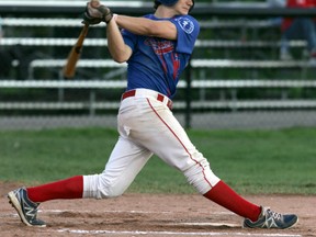 Marcus Beal of the Braves takes a cut in the first inning against the Cardinals in Game 3 of their best-of-three Junior Inter-County Baseball League playoff series Monday. (Darryl G. Smart, The Expositor)
