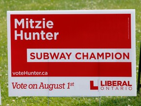 Street campaign sign along Scarborough Golf Club Rd. for Ontario Liberal Scarborough-Guildwood byelection candidate Mitzie Hunter, Monday, July 29, 2013. (MICHAEL PEAKE/Toronto Sun)