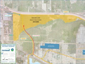 A map from the city’s economic development office shows the 260 acres that recently went up for sale in an effort to expand the local business park.
Submitted graphic