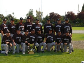 The Cadogan Nitehawks celebrate after winning the 35-plus division at the 2010 Canadian National Oldtimers Baseball Championships in Burnaby. B.C. Photo supplied.