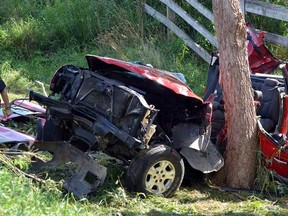 The driver of this pickup truck is dead after a single-vehicle crash on Perth Road 121 south of Millbank on Tuesday.(SCOTT WISHART, The Beacon Herald)