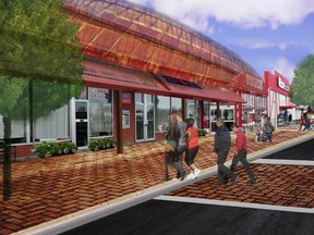This illustration shows a suggested facade and parking lot improvement for the Ingleside Plaza.