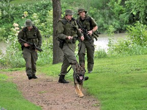 An OPP canine unit and backing officers perform a track along the Thames River into the Fred Collins Memorial Park at the north end of the Fifth Street Bridge after a pharmacy was robbed Monday morning. Chatham-Kent police requested the canine unit after the allegedly armed suspect fled on foot along the river. PHOTO TAKEN: Chatham, On. Monday July 29, 2013Diana Martin/Chatham Daily News/QMI Agency