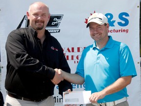 KidSport Timmins received a $1,000 donation from Waldon Equipment following the Lever-Sullivan Golf Classic which took place on July 19. The donation came from the shoot out portion of the event, where each entrants $10 fee was donated in its entirety to the local sports charity. Pictured are Ryan Lougheed and Mathieu Vachon.