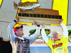 Jeff and John Peterson hoist the championship trophy on Saturday at the Fort Frances Canadian Bass Championship
LUCAS PUNKARI/For The Livewell