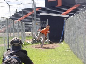 Darian Adams of the Bantam AAA Oil Giants delivers a pitch during practice at Ron Morgan Park on Tuesday. The team travels to Red Deer this weekend for tier II Provincials. Robert Murray/Today Staff