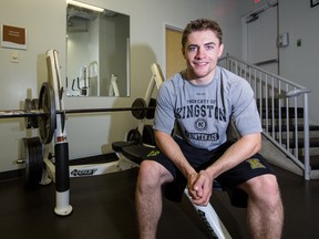 Darcy Greenaway of the Kingston Frontenacs, sitting in the team’s weight room Tuesday, will be one of the team’s overage players this season. (Sam Koebrich/For The Whig-Standard)