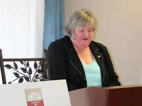 Nancy McCormick, co-chair of the Famous 5 Foundation of Sarnia-Lambton, speaks at the launch of the local chapter at the Holiday Inn, Wednesday. The "Enbridge Famous 5 Speaker Series" is set to begin in October. (TARA JEFFREY, The Observer)