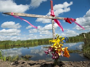 A make shift memorial occupies the south-west corner of the intersection, just out side of Marshall, Sask., that was the scene of last Saturday mornings deadly automobile accident.