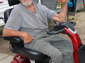 Albert Guenette gives a big thumbs up to the community of Timmins after receiving a loaner mobility scooter from Shoppers Home Health Care on Wednesday. Last week, Guenette’s scooter was wrecked in a collision. After a story appeared in The Daily Press, the community stepped up to get the 66 year old mobile again.