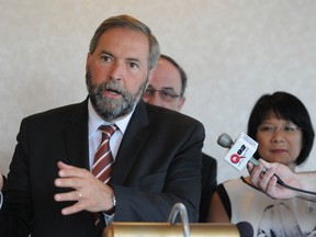 Federal NDP leader Thomas Mulcair addresses the media in Sudbury, Ontario on July 31/2013, prior to a rail safety meeting.
GINO DONATO/THE SUDBURY STAR/QMI AGENCY