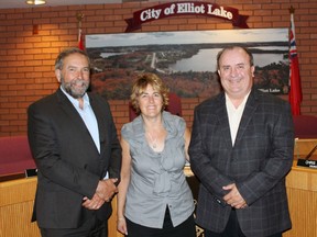 Federal NDP leader Thomas Mulcair and local MP Carol Hughes met with Elliot Lake mayor Rick Hamilton on Monday afternoon at city hall.
Photo by JORDAN ALLARD/THE STANDARD/QMI AGENCY