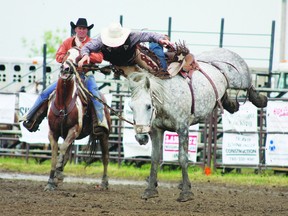 A rider gets bucked of his horse at Lamont’s annual Summer Sizzle rodeo. Photo by Aaron Taylor.